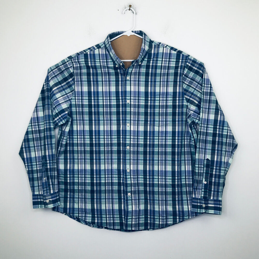 Luxe Performance Men's XXL Shirt Blue Plaid Long Sleeve Poplin Button Up BK8